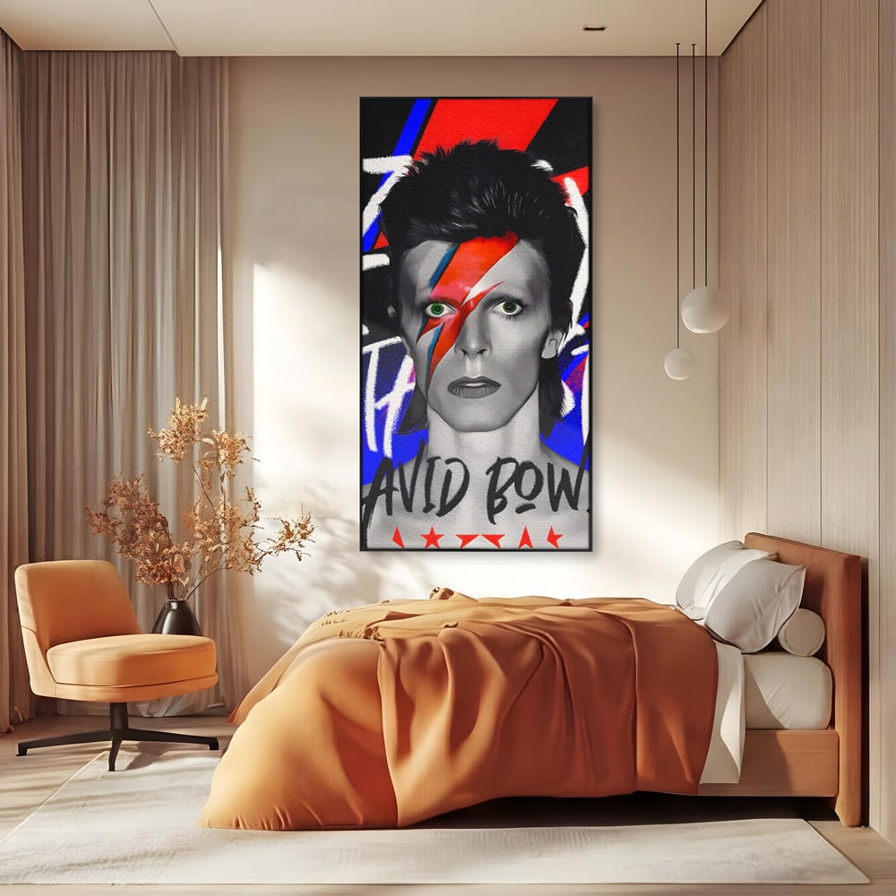 Tablou canvas cu tablou portret david bowie cu fulger, in rama de aluminiu negru, pe perete intr-un dormitor